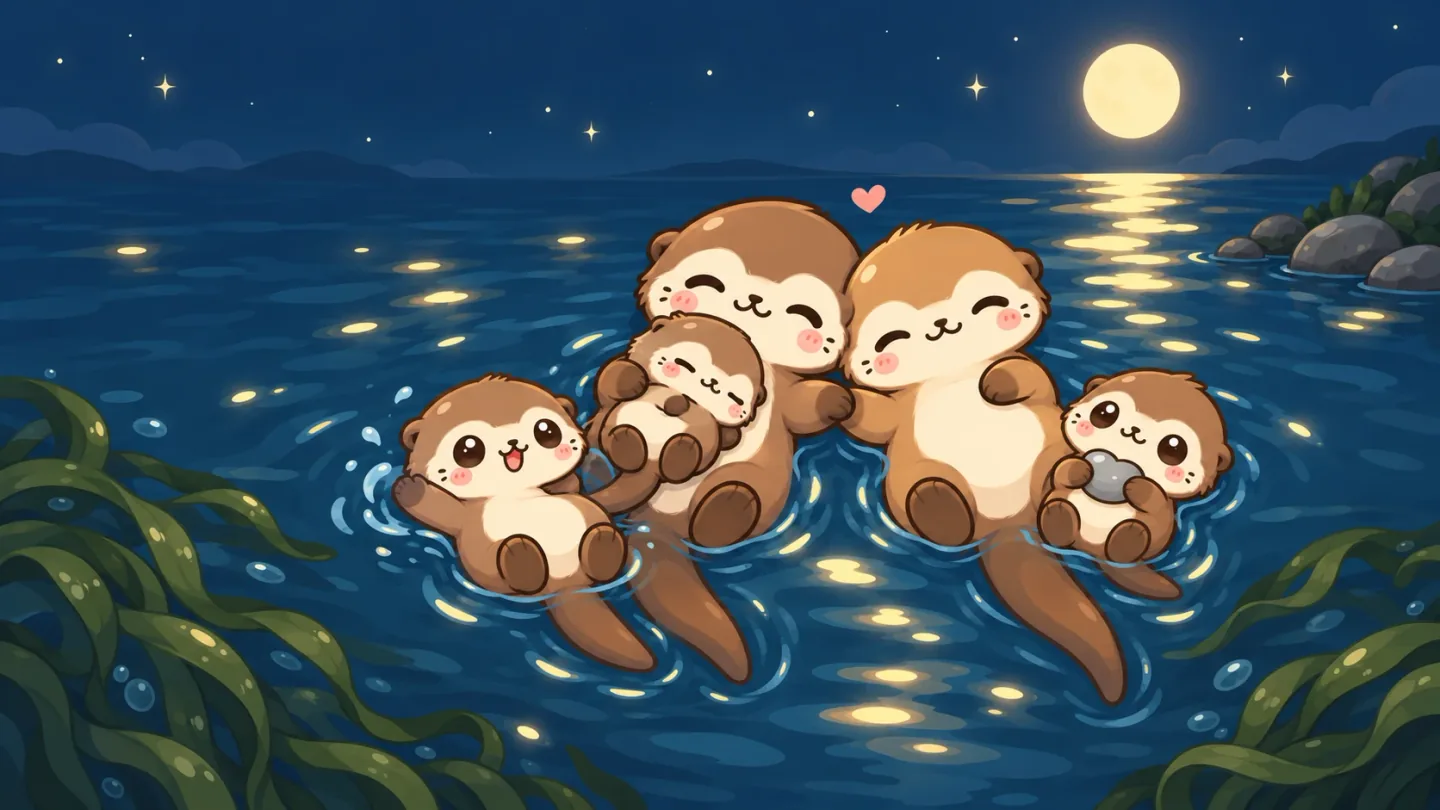 A family of cuddly otters floating together under the moon.