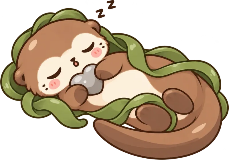 A grown otter asleep, curled up in kelp.
