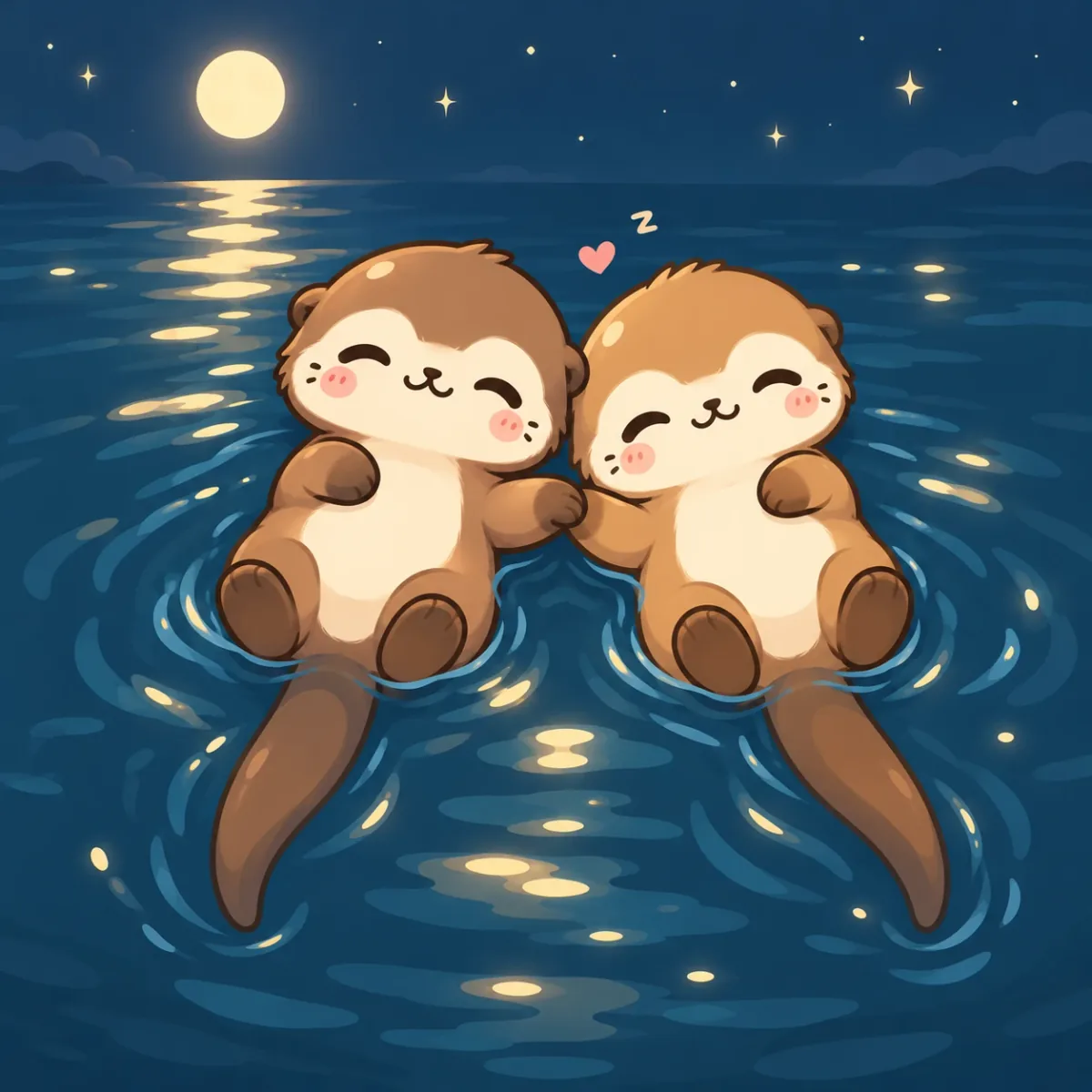 Two cuddly otters float on their backs under the moon, holding paws.